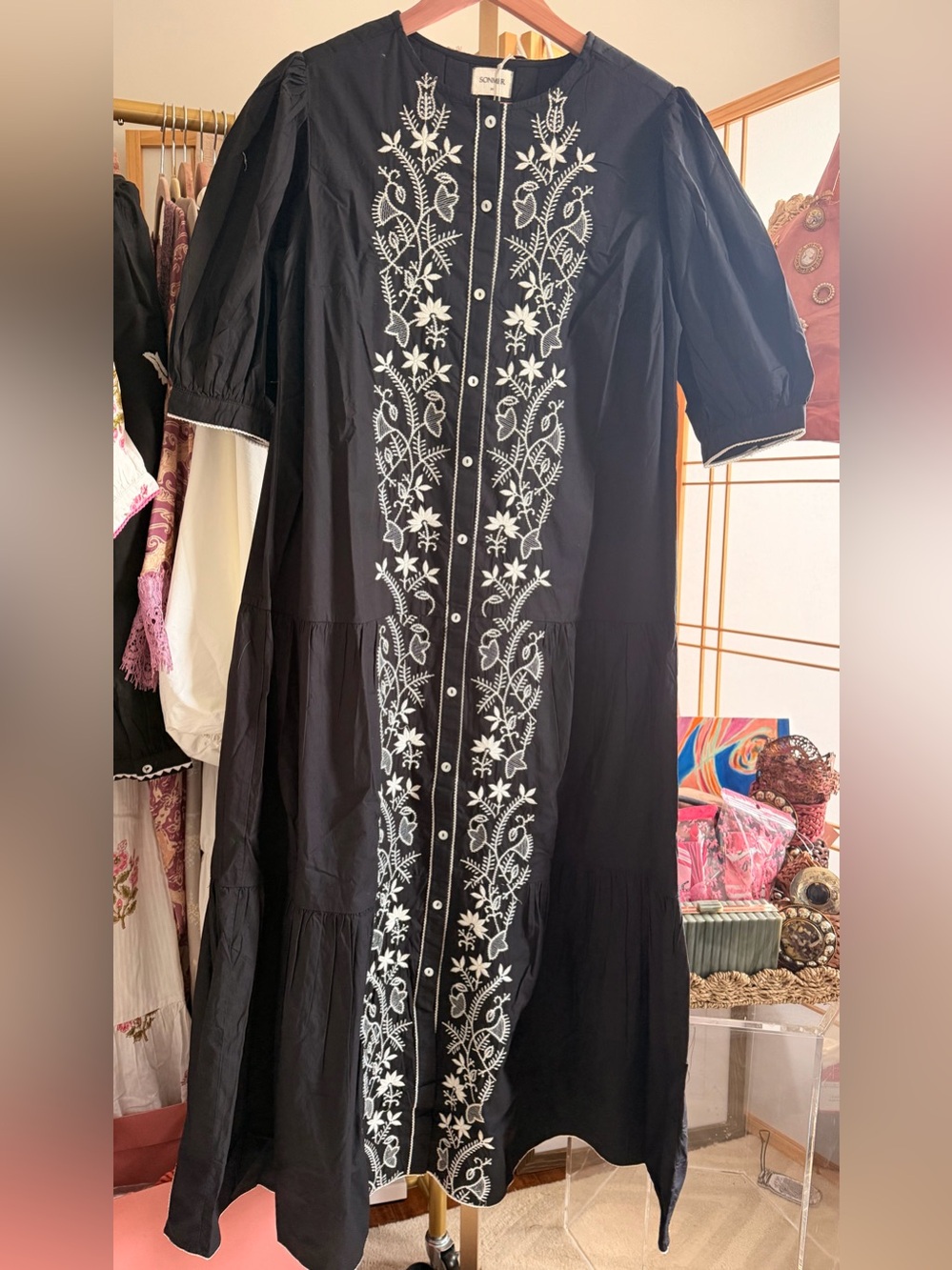 NWT Sonmer Charlotte Embroidered Cotton Midi Dress Black White Puff Sleeve M